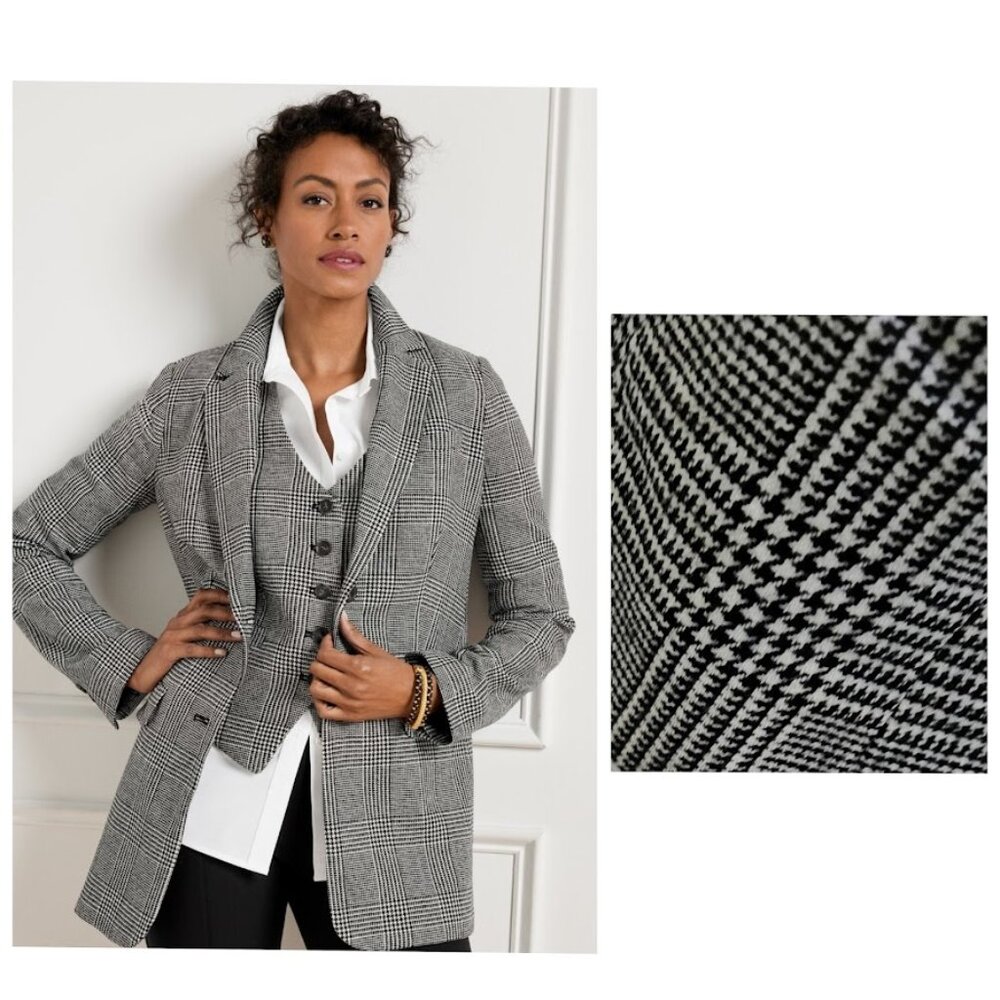 Talbots Relaxed Blazer Glen Plaid Wool Blend Off White Gray Black 12P